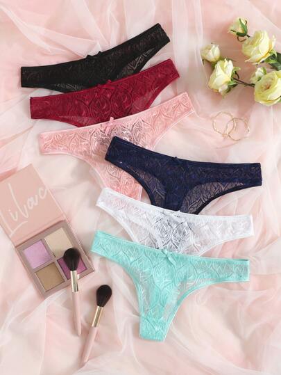 6pack Lace Bow Decor Panty Set, Sexy Lingerie Bow Tie