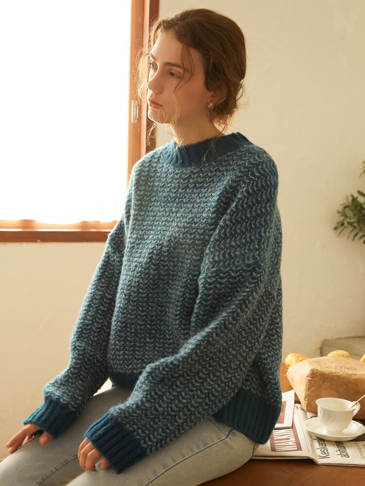 Knit Mix 女士休闲针织毛衣，圆领长袖套头衫，秋冬季时尚百搭，随机图案，宽松版型，春季情人节礼物，返校季秋季必备 - 霧霾藍 - 查看 5