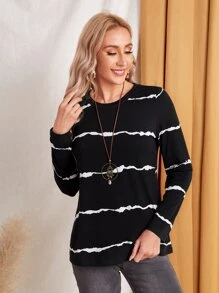 EMERY ROSE Round Neck Striped Print Tee - Black - View 1