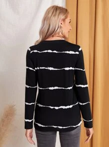 EMERY ROSE Round Neck Striped Print Tee - Black - View 2