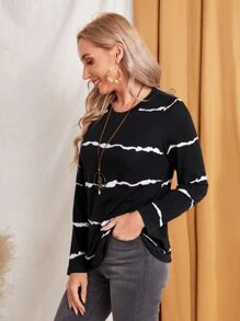 EMERY ROSE Round Neck Striped Print Tee - Black - View 3