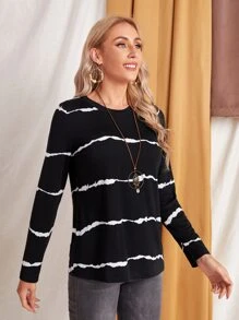 EMERY ROSE Round Neck Striped Print Tee - Black - View 4