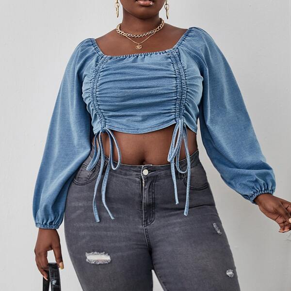 

Plus Lantern Sleeve Drawstring Crop Denim Top, Medium wash