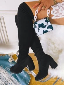 Suedette Minimalist Over Knee Boots - Black - View 1