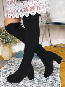 Suedette Minimalist Over Knee Boots - Black - View 2