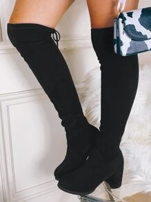 Suedette Minimalist Over Knee Boots - Black - View 3