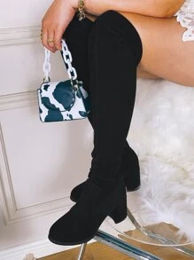 Suedette Minimalist Over Knee Boots - Black - View 4