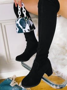 Suedette Minimalist Over Knee Boots - Black - View 5