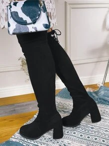 Suedette Minimalist Over Knee Boots - Black - View 6