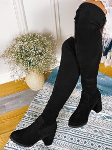Suedette Minimalist Over Knee Boots - Black - View 8
