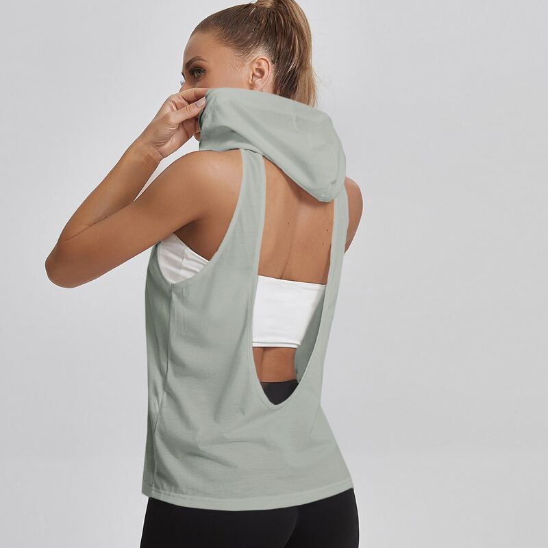 

Softness Open Back Drawstring Hooded Sports Tee, Light grey