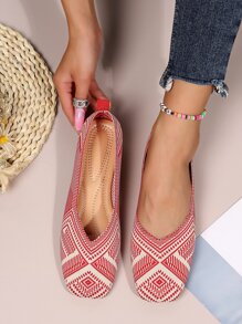 Knit Detail Geometric Pattern Ballet Flats - Red - View 1