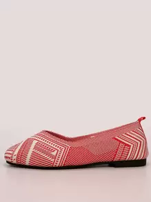Knit Detail Geometric Pattern Ballet Flats - Red - View 3