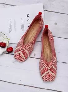 Knit Detail Geometric Pattern Ballet Flats - Red - View 6