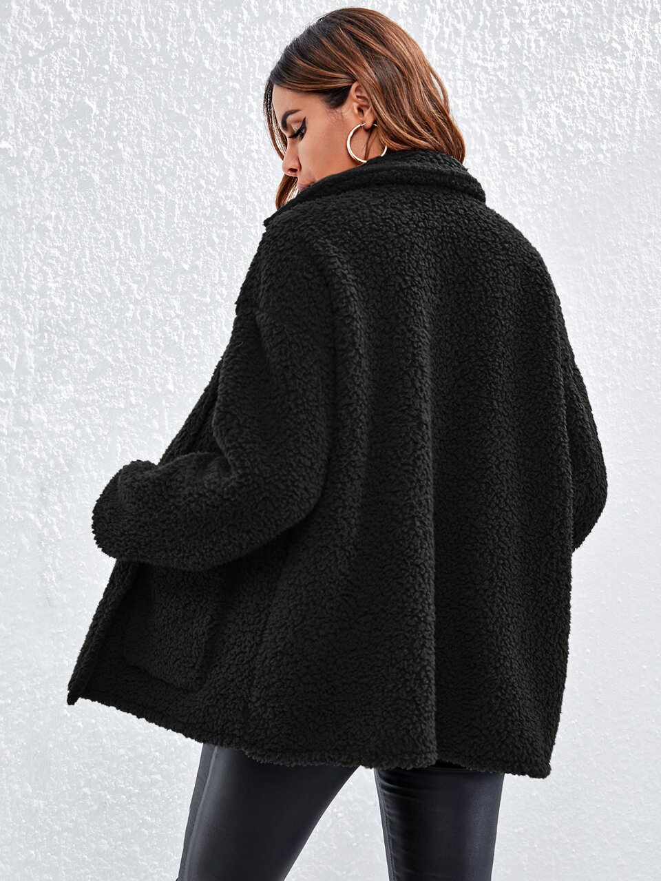 Collared Single Breasted Pocket Front Teddy Coat In Fall/Winter