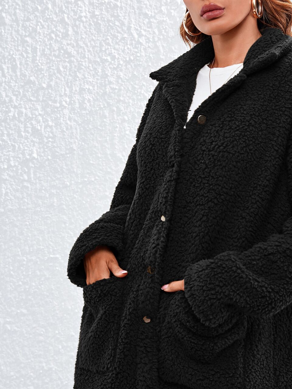 Collared Single Breasted Pocket Front Teddy Coat In Fall/Winter