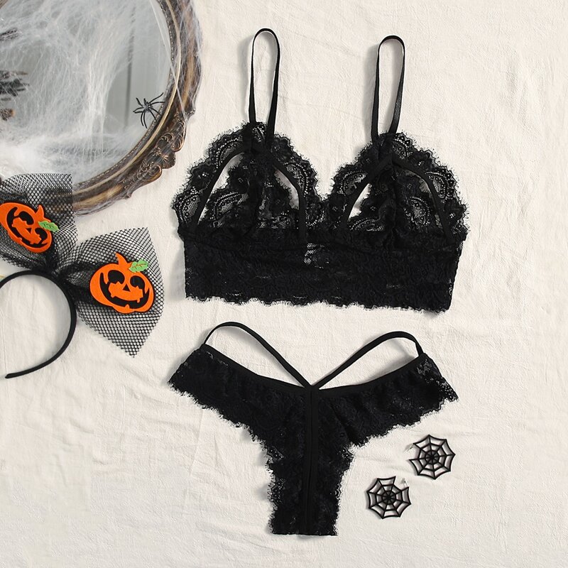 

Floral Lace Lingerie Set, Black