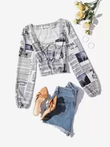 Newspaper Print Lantern Sleeve Knot Front Shirred Blouse - White - View 1