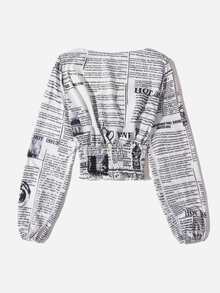 Newspaper Print Lantern Sleeve Knot Front Shirred Blouse - White - View 2