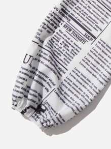 Newspaper Print Lantern Sleeve Knot Front Shirred Blouse - White - View 3