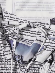 Newspaper Print Lantern Sleeve Knot Front Shirred Blouse - White - View 5