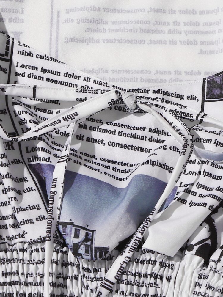 報紙印花燈籠袖前打結打褶襯衫 - 白色 - 查看 5