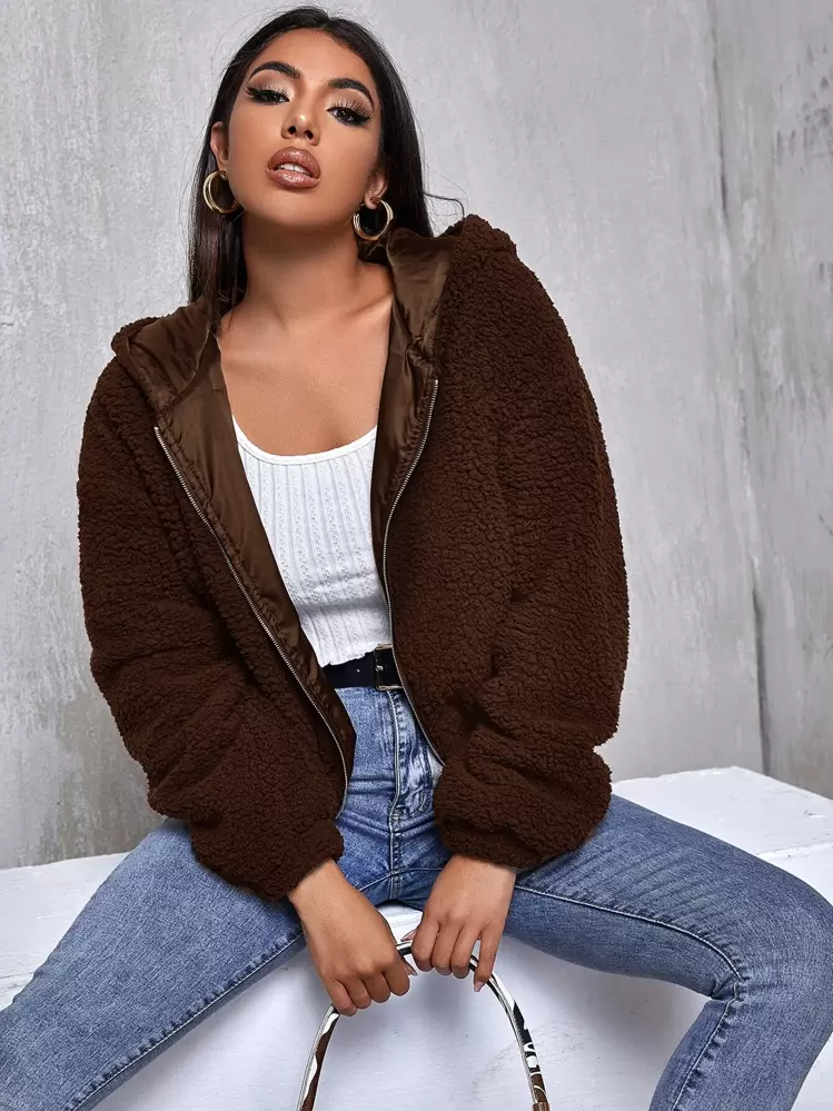 SHEIN Veste a capuche en tissu duveteux avec zip SHEIN