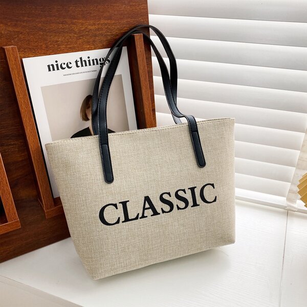 

Letter Graphic Tote Bag, Beige