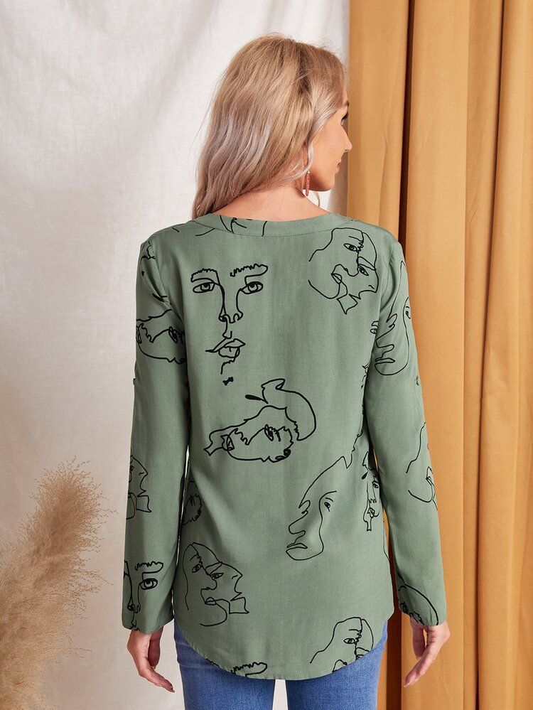 SHEIN Figure Print Roll Tab Sleeve Top - Green - View 3