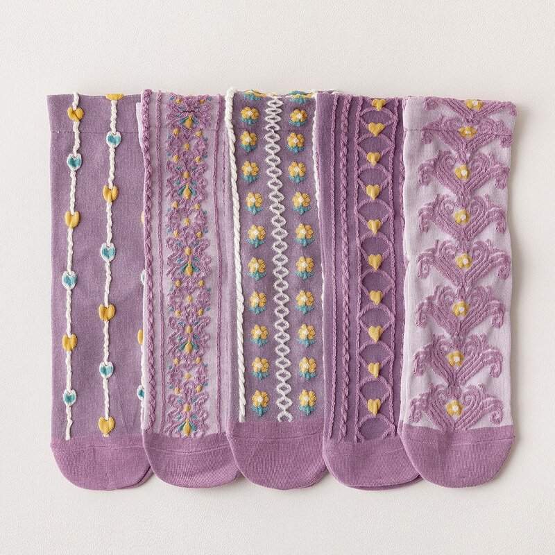 

5pairs Flower Print Crew Socks, Multicolor