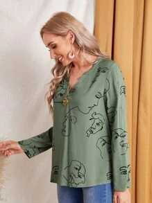 SHEIN Figure Print Roll Tab Sleeve Top - Green - View 4