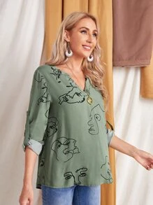 SHEIN Figure Print Roll Tab Sleeve Top - Green - View 5