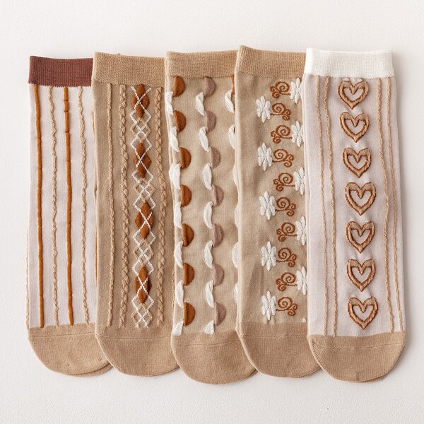 

5pairs Heart Pattern Crew Socks, Multicolor