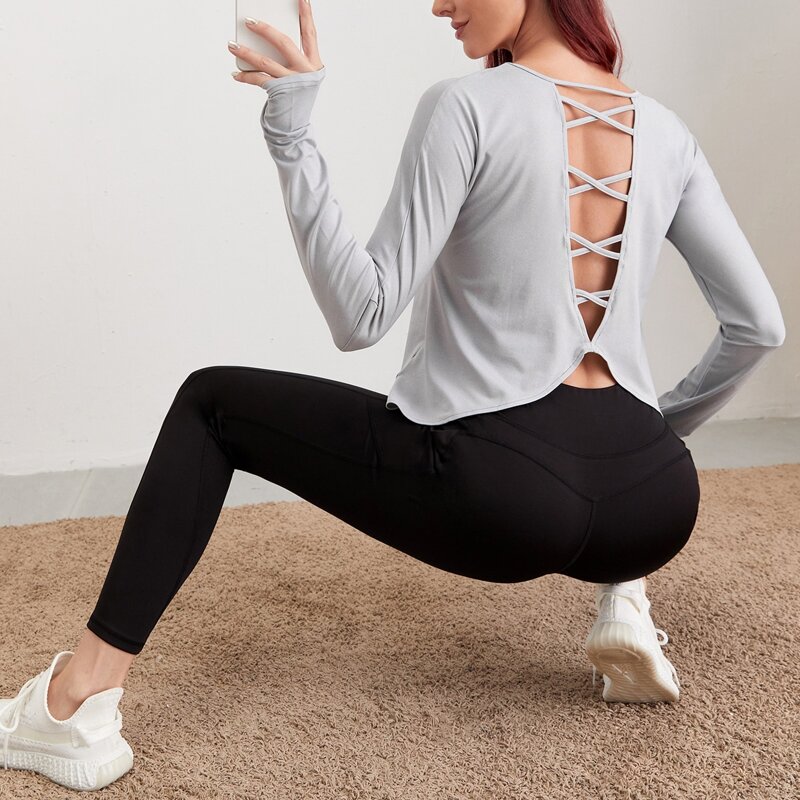 

Softness Thumb Hole Crisscross Backless Solid Sports Tee, Light grey