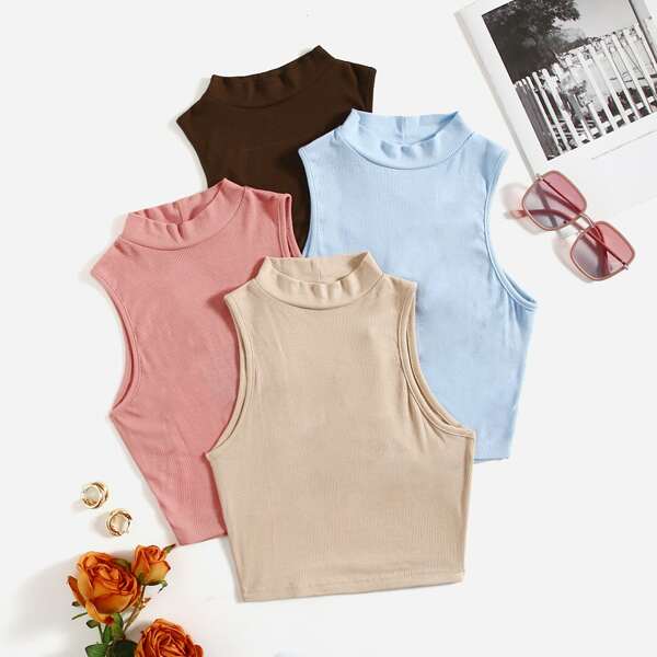 

4pcs Rib-knit Mock Neck Tank Top, Multicolor