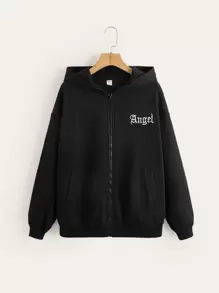 SHEIN Teen Girls Zipper Front Letter Embroidered Sweatshirt - Black - View 1