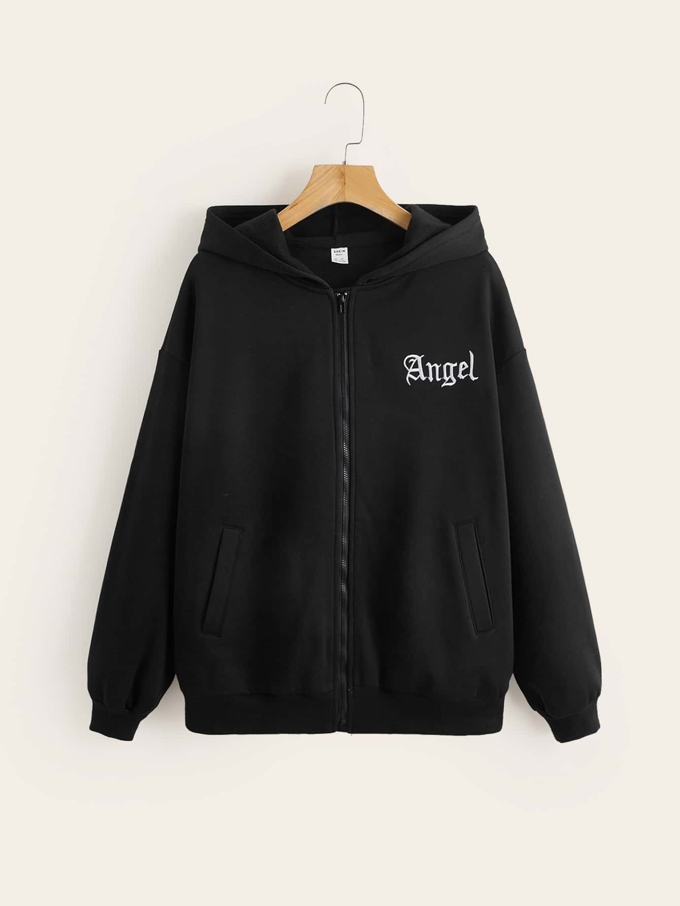 SHEIN Teen Girls Zipper Front Letter Embroidered Sweatshirt - Black - View 1