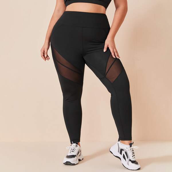 

Plus Solid Mesh Insert Sports Leggings, Black
