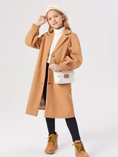 SHEIN Girls Lapel Neck Single Breasted Overcoat