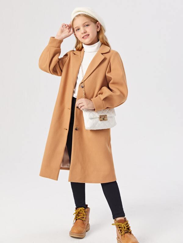 SHEIN Girls Lapel Neck Single Breasted Overcoat