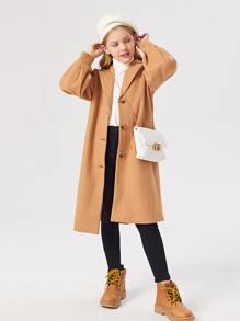 SHEIN Girls Lapel Neck Single Breasted Overcoat - Khaki - View 3