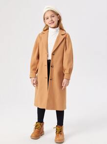 SHEIN Girls Lapel Neck Single Breasted Overcoat - Khaki - View 4