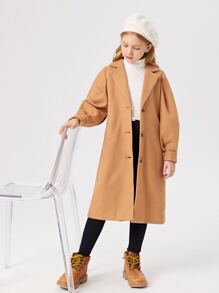SHEIN Girls Lapel Neck Single Breasted Overcoat - Khaki - View 5