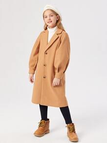 SHEIN Girls Lapel Neck Single Breasted Overcoat - Khaki - View 6