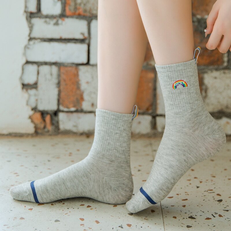 

Rainbow Embroidered Crew Socks, Light grey