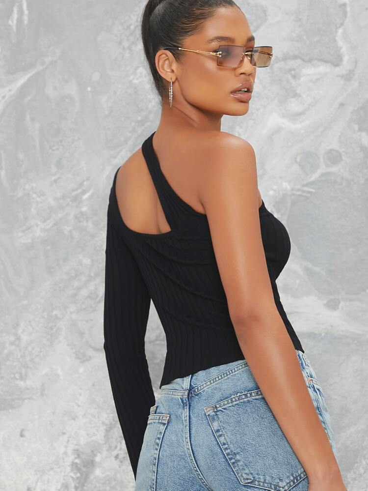 Asymmetrical One-Shoulder Long Sleeve Crop Top