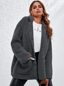SHEIN Essnce Collared Single Breasted Pocket Front Teddy Coat - Dark Grey - View 1