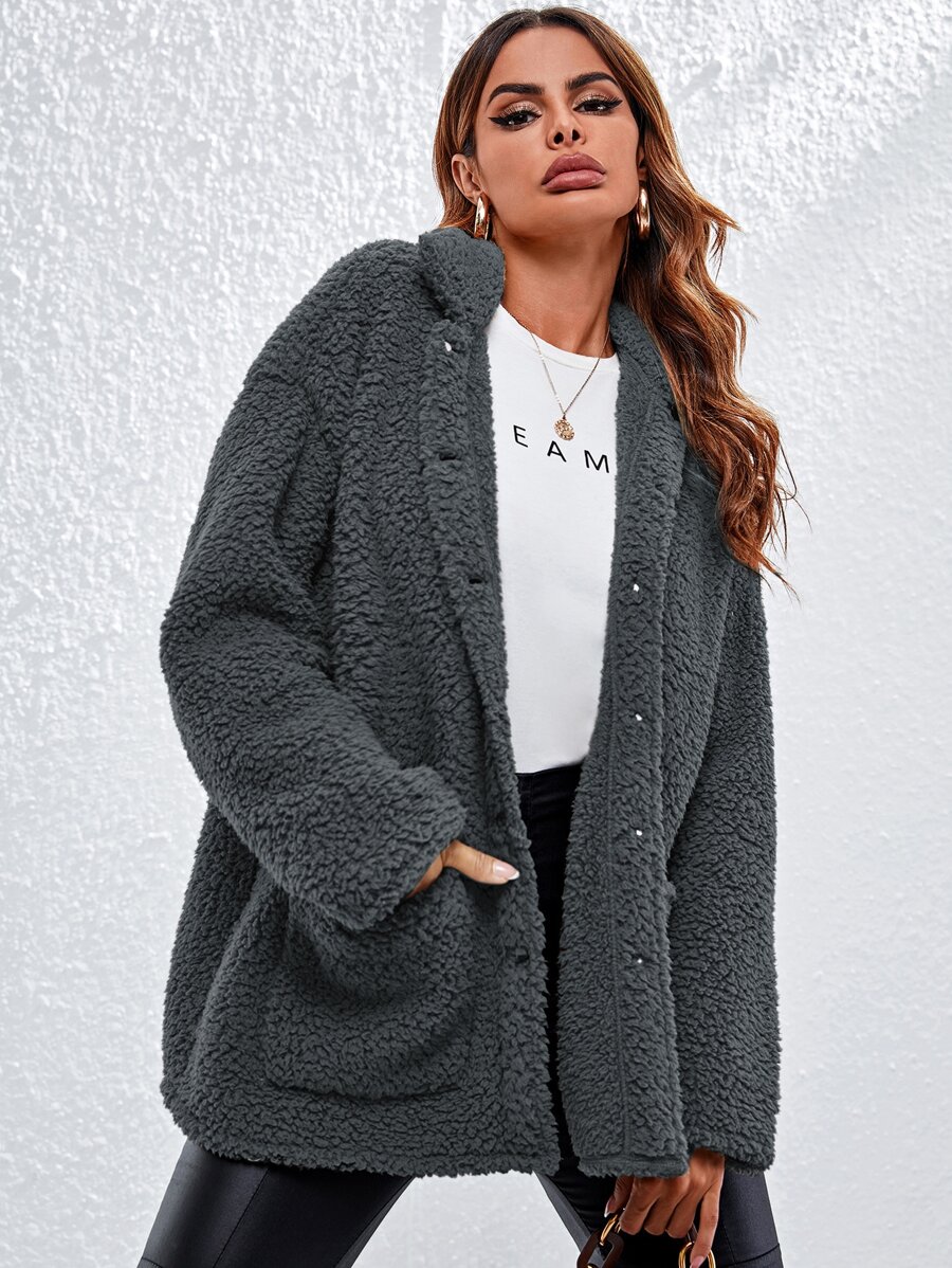 SHEIN Essnce Collared Single Breasted Pocket Front Teddy Coat - Dark Grey - View 1