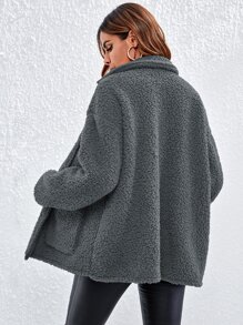 SHEIN Essnce Collared Single Breasted Pocket Front Teddy Coat - Dark Grey - View 2