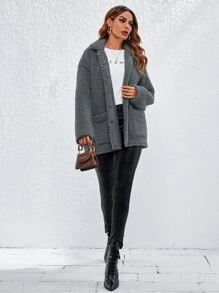 SHEIN Essnce Collared Single Breasted Pocket Front Teddy Coat - Dark Grey - View 3